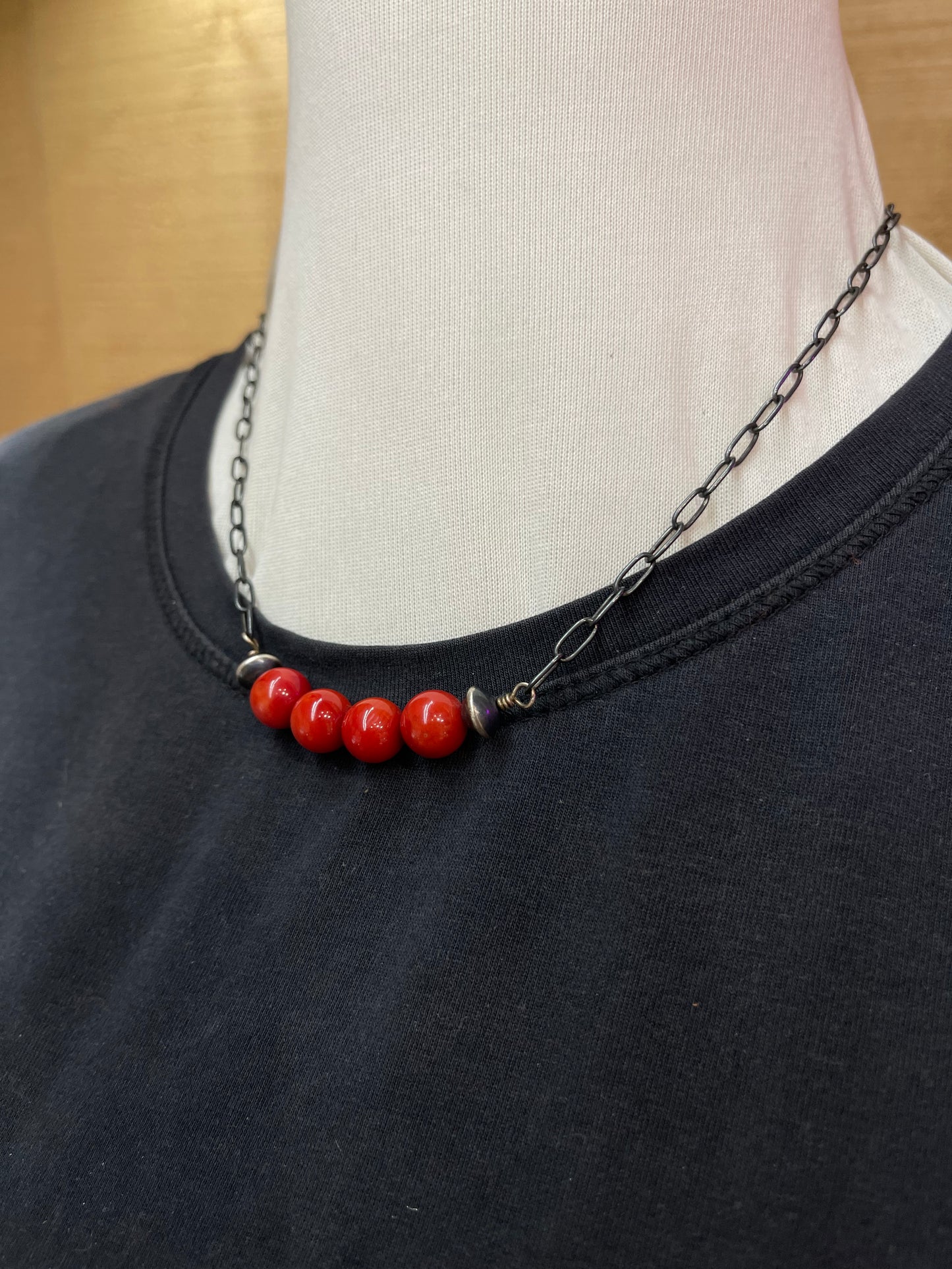 16" 8mm Coral Bead Necklace with Navajo Pearls