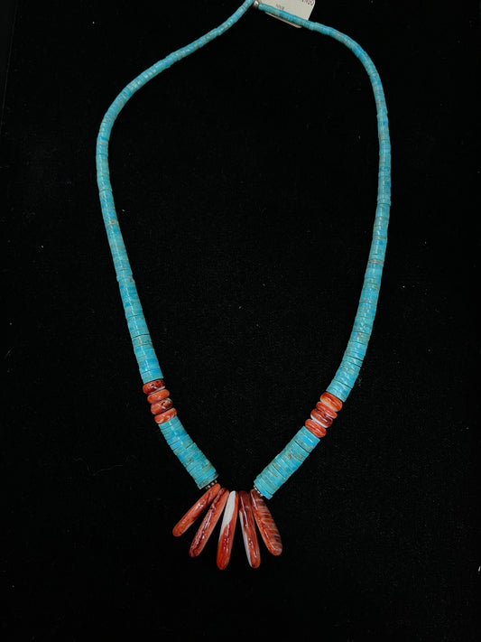 20" Turquoise Heishi Bead and Red Spiny Oyster Shell Necklace