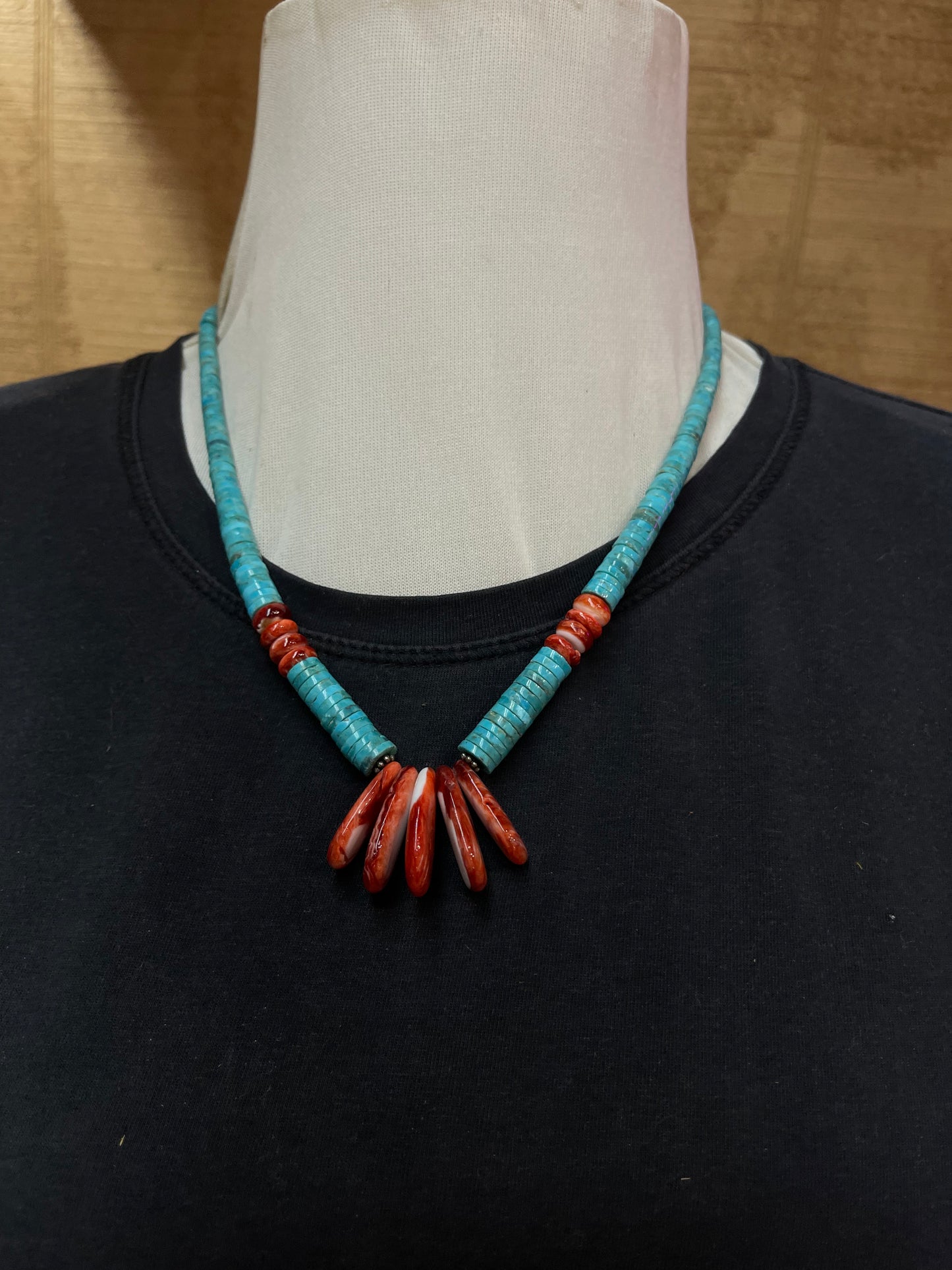 20" Turquoise Heishi Bead and Red Spiny Oyster Shell Necklace