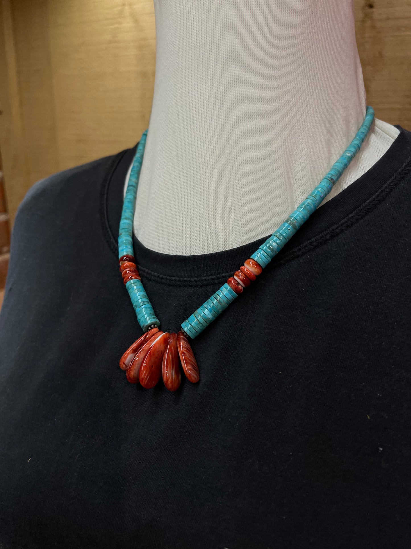 20" Turquoise Heishi Bead and Red Spiny Oyster Shell Necklace