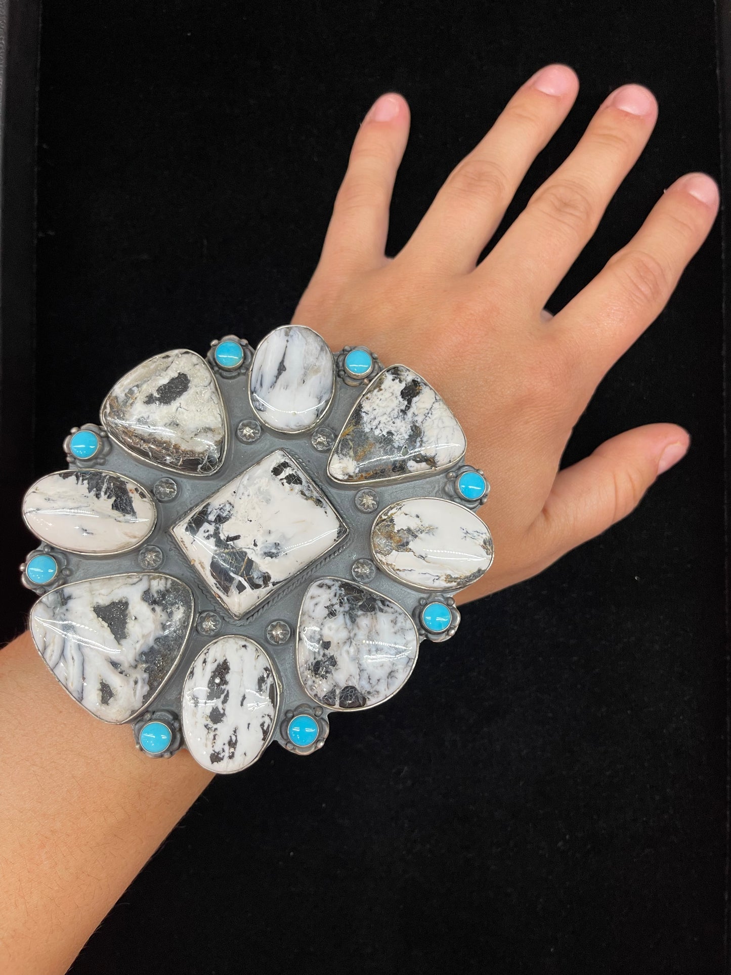 White Buffalo and Sleeping Beauty Turquoise Cluster Cuff by Zia and H. Joe