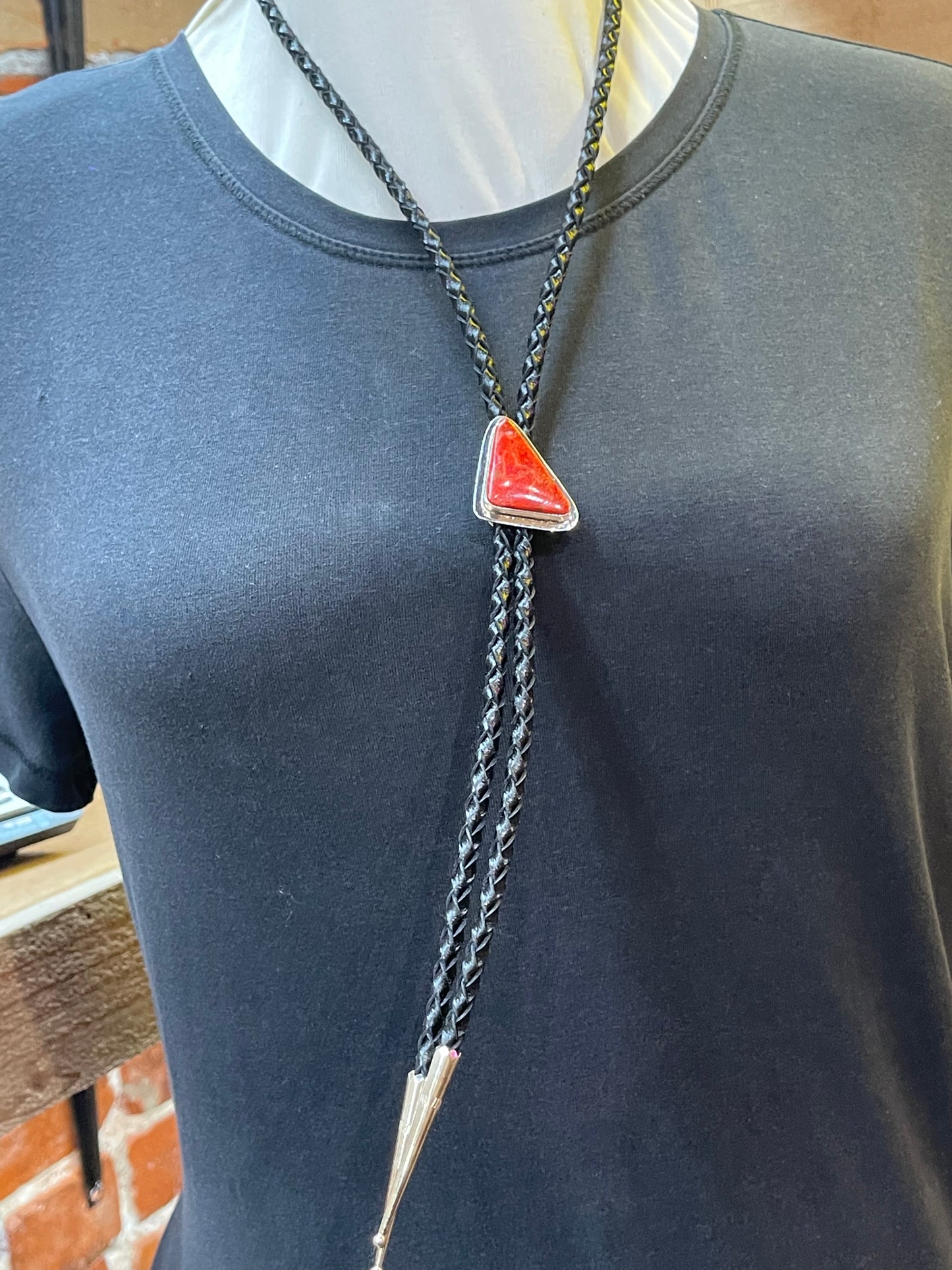 Red Coral Bolo Tie by Marie Jackson, Navajo