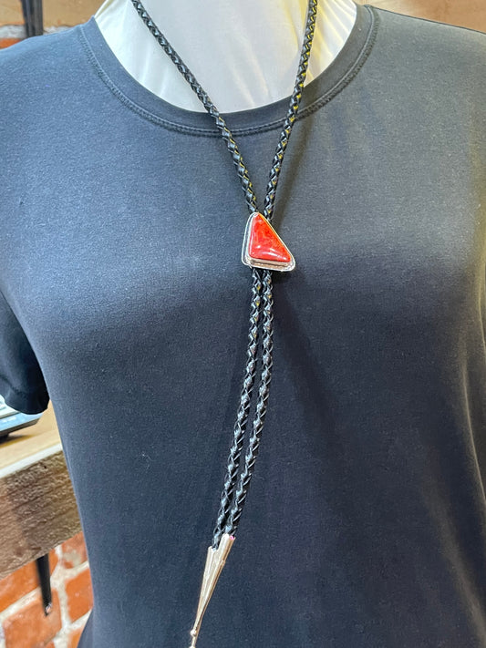 Red Coral Bolo Tie by Marie Jackson, Navajo