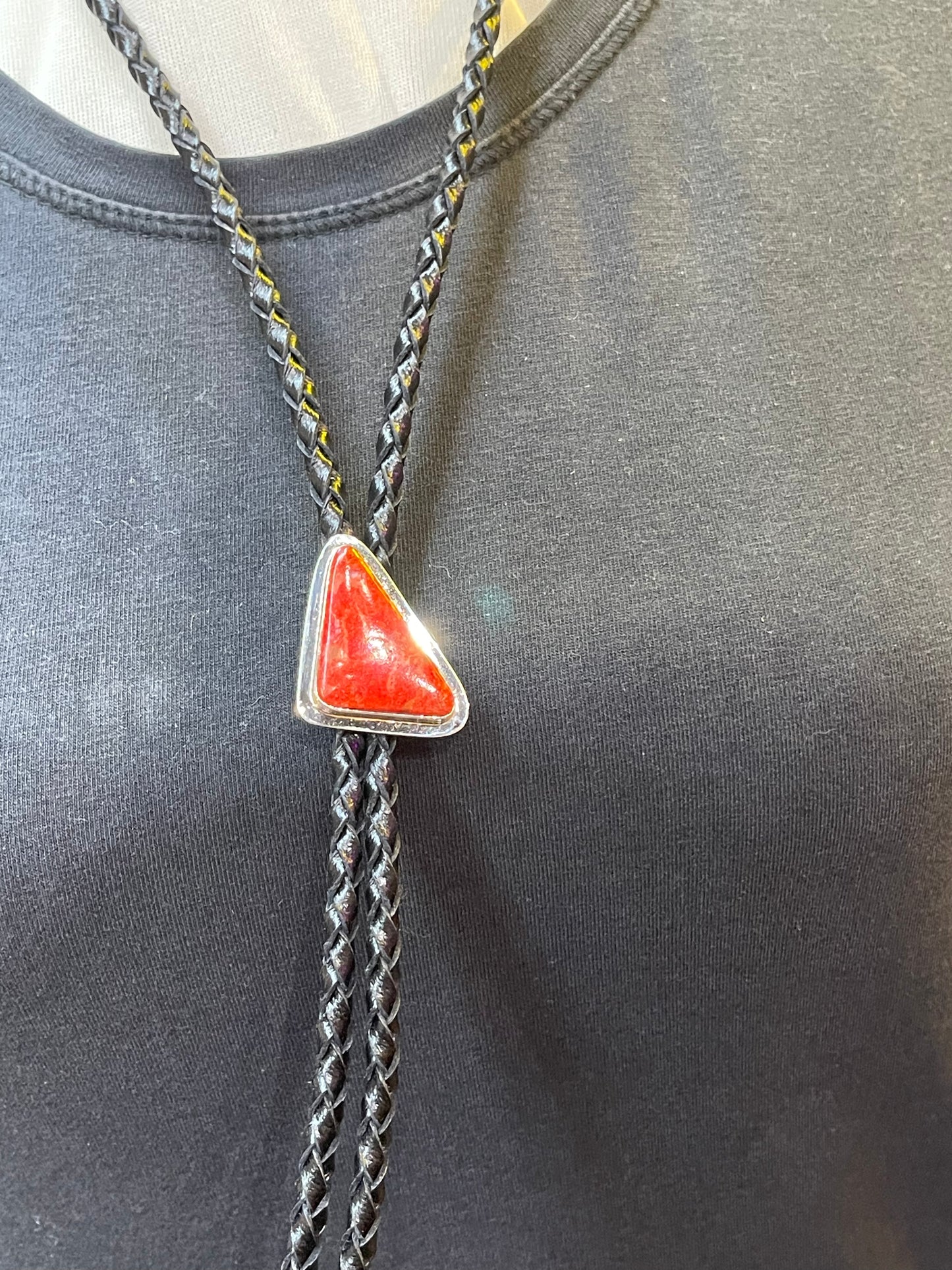 Red Coral Bolo Tie by Marie Jackson, Navajo