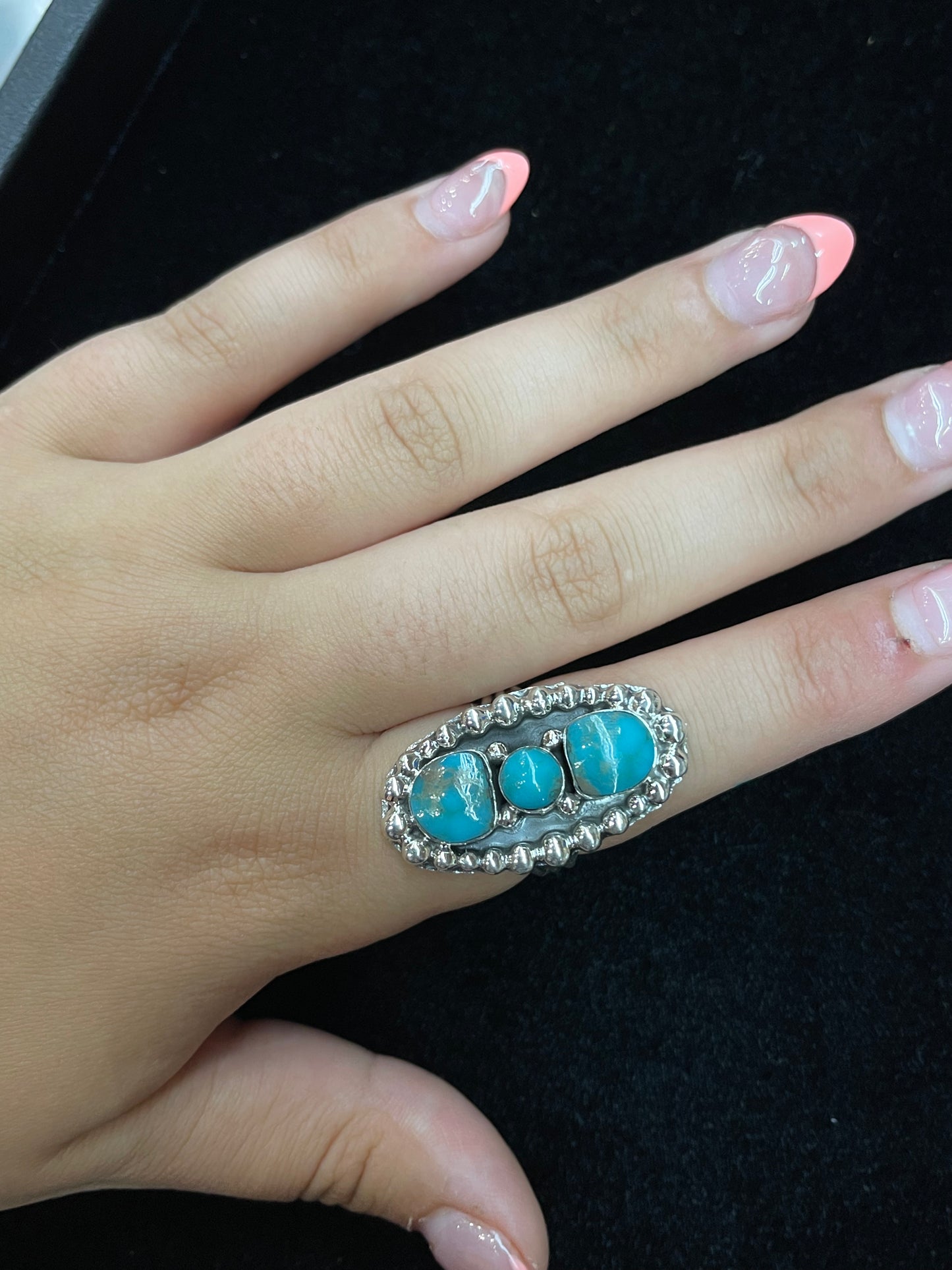 9.0 Three Stone Turquoise Ring by Ryntanna Yazzie, Navajo