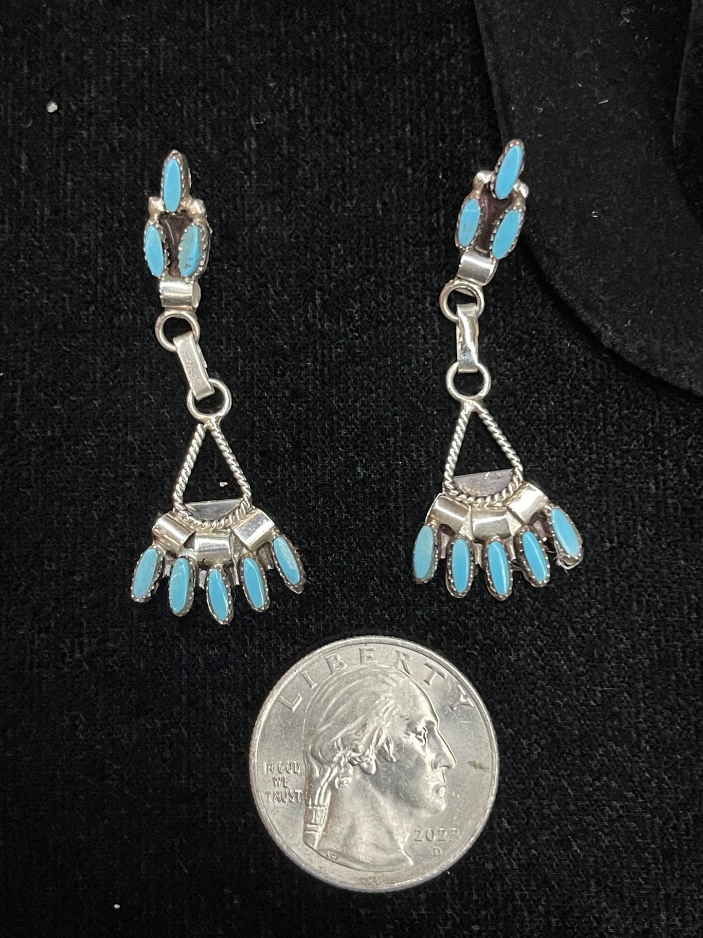 Turquoise Needlepoint Post Dangle Earrings by Evonne Hustito, Zuni