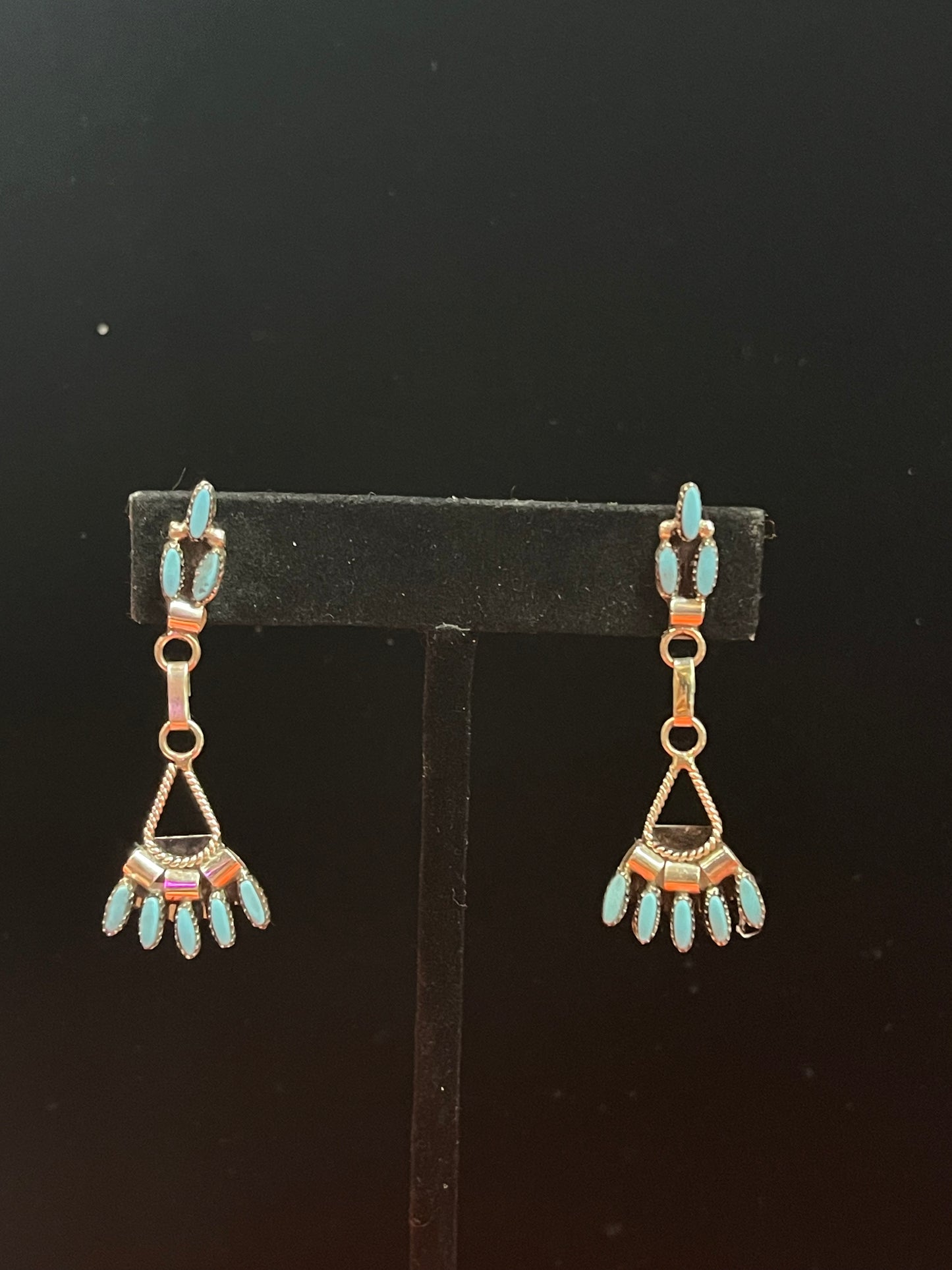 Turquoise Needlepoint Post Dangle Earrings by Evonne Hustito, Zuni