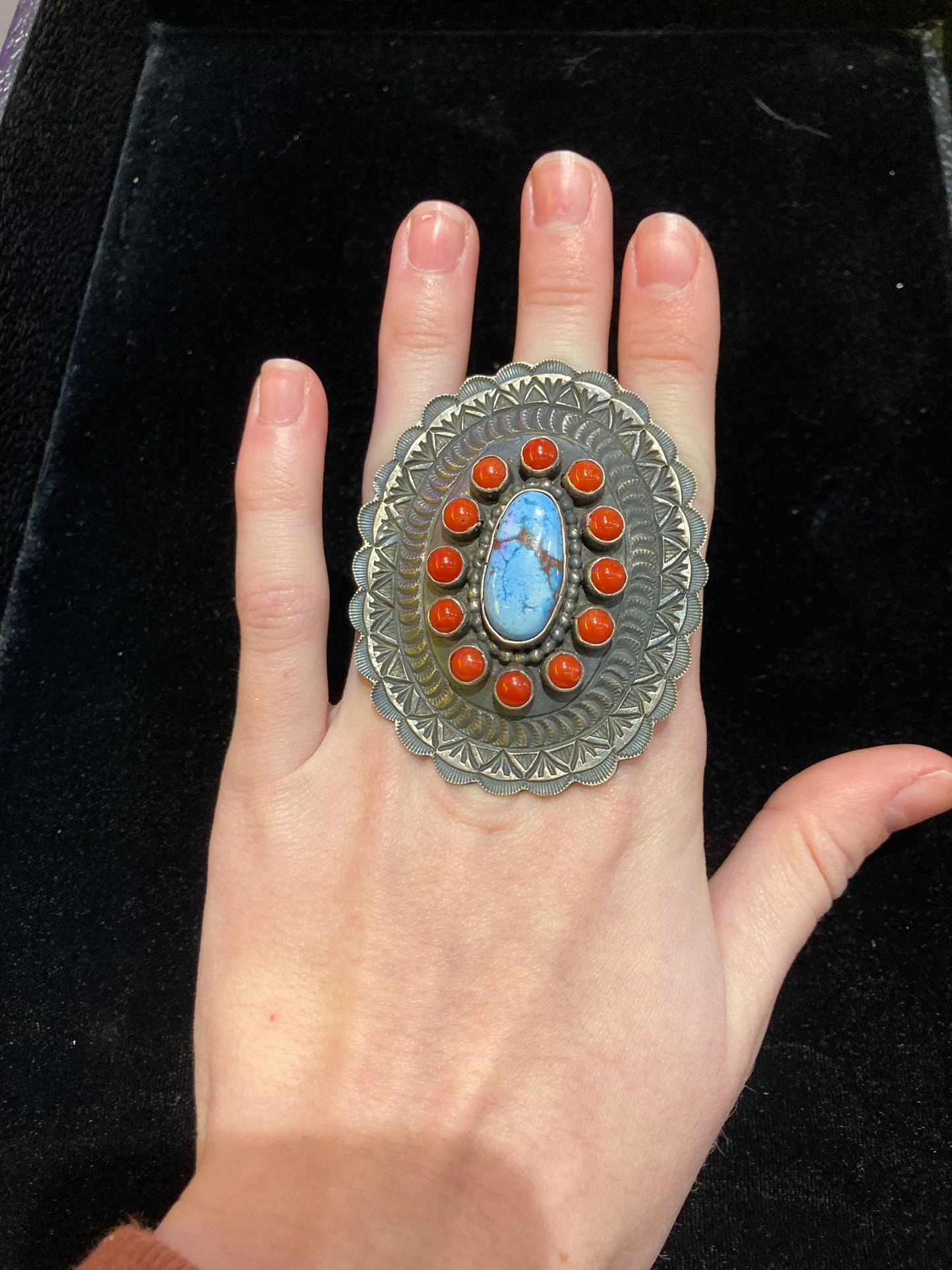 8.0 Golden Hills and Red Coral Tufa Cast Ring by Shawn Cayatineto, Navajo