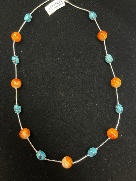 18" Liquid Silver Necklace with Spiny Oyster and Turquoise