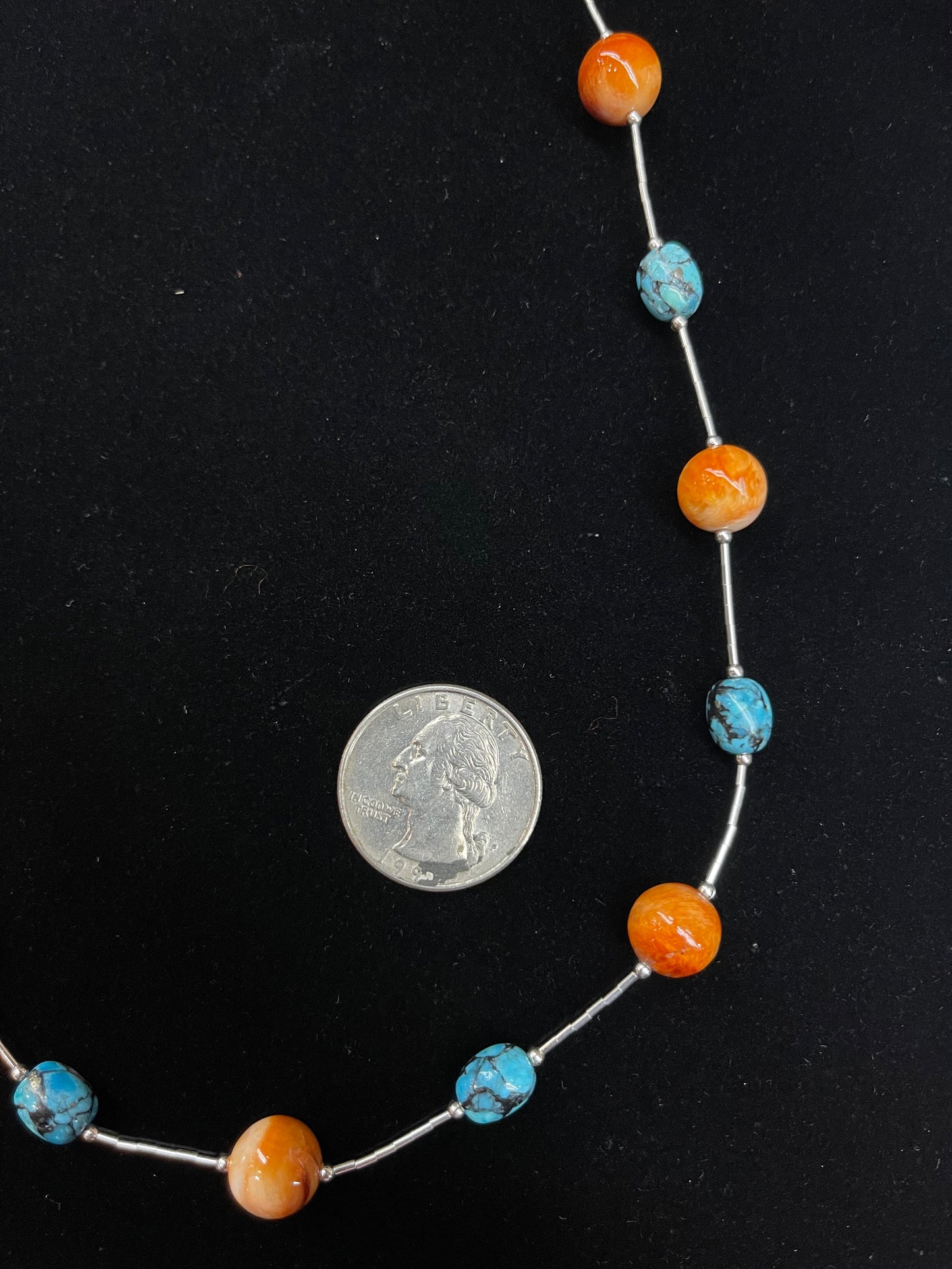 18" Liquid Silver Necklace with Spiny Oyster and Turquoise