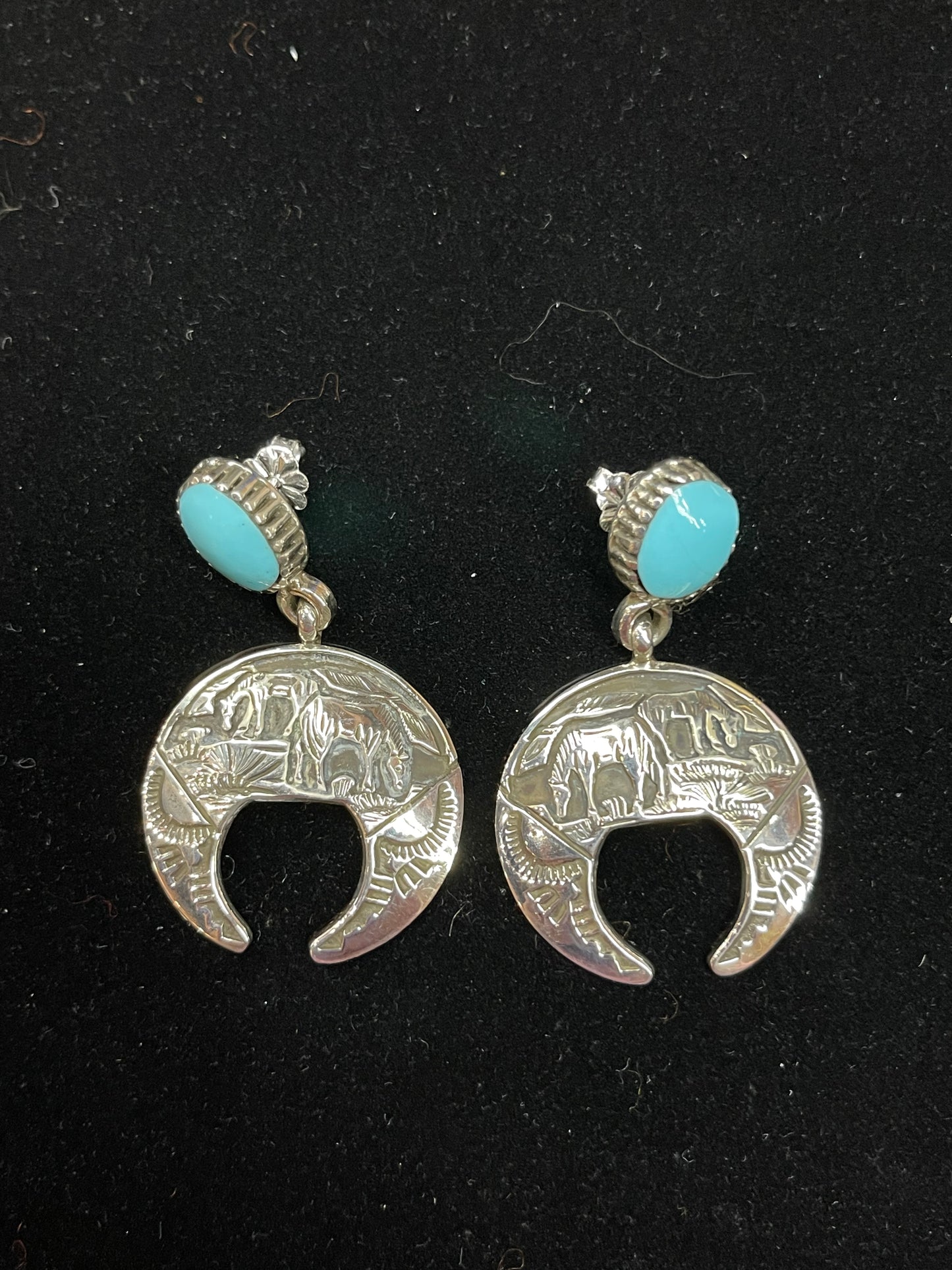 Turquoise Post Dangle Storyteller Earrings by Emerson Delgarito, Navajo