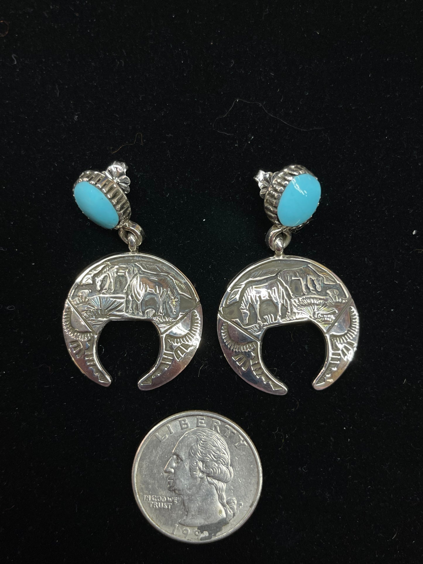 Turquoise Post Dangle Storyteller Earrings by Emerson Delgarito, Navajo