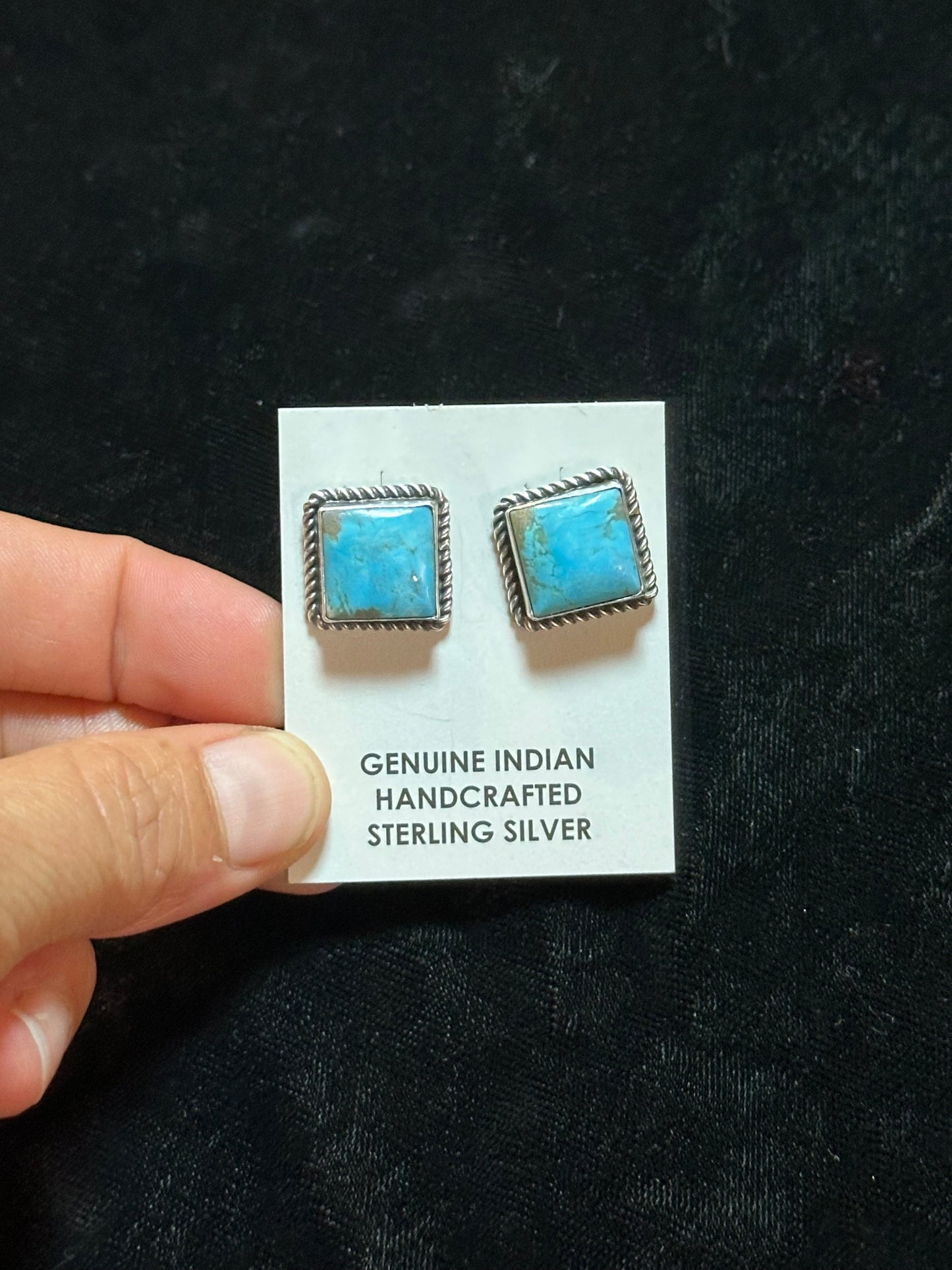 Kingman Turquoise Square Post Earrings by Judith Dixon, Navajo