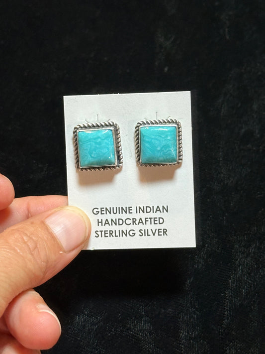 Kingman Turquoise Square Post Earrings by Judith Dixon, Navajo