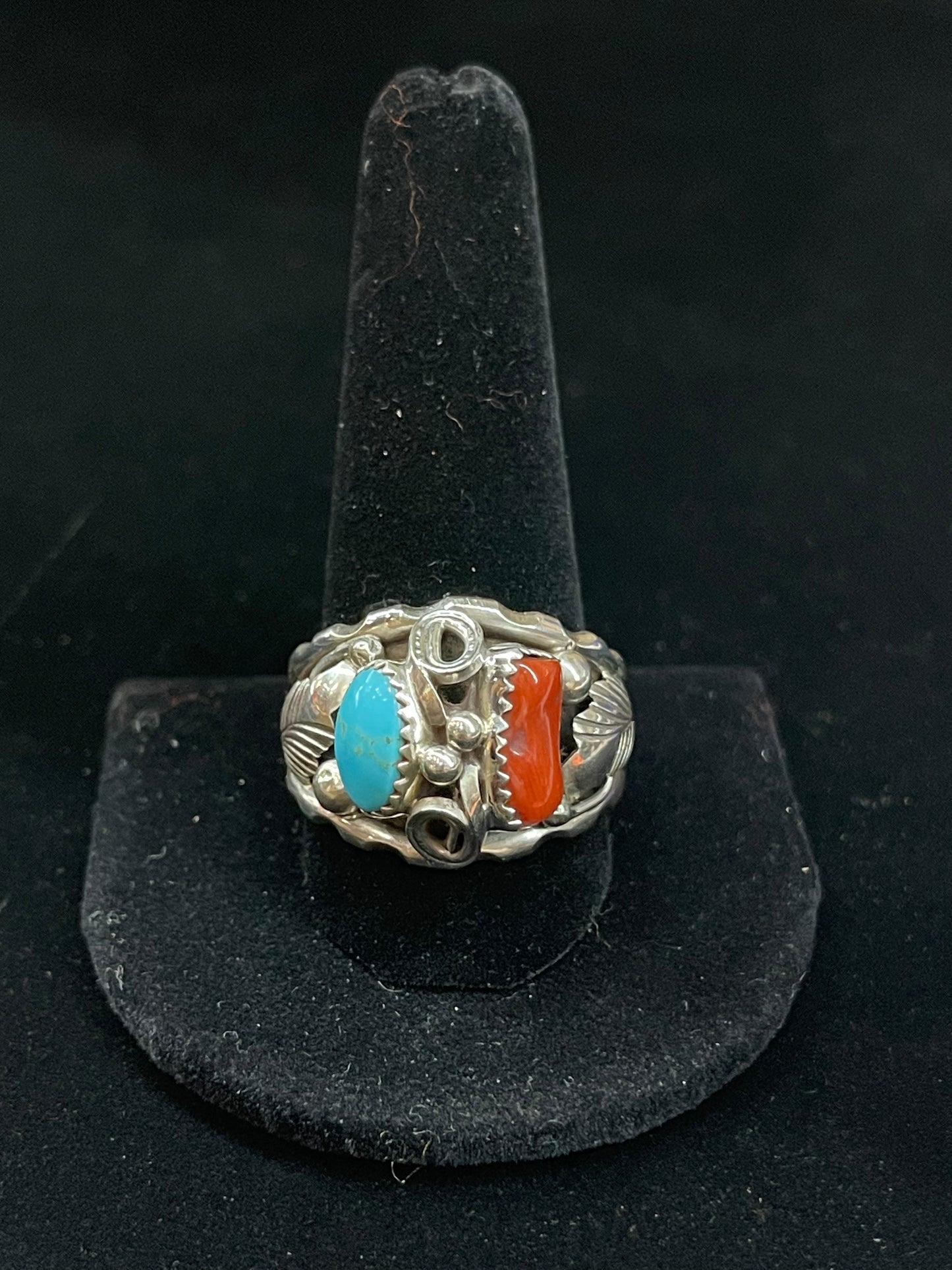 12.5 Sleeping Beauty Turquoise and Red Coral Ring by Max Calladitto, Navajo