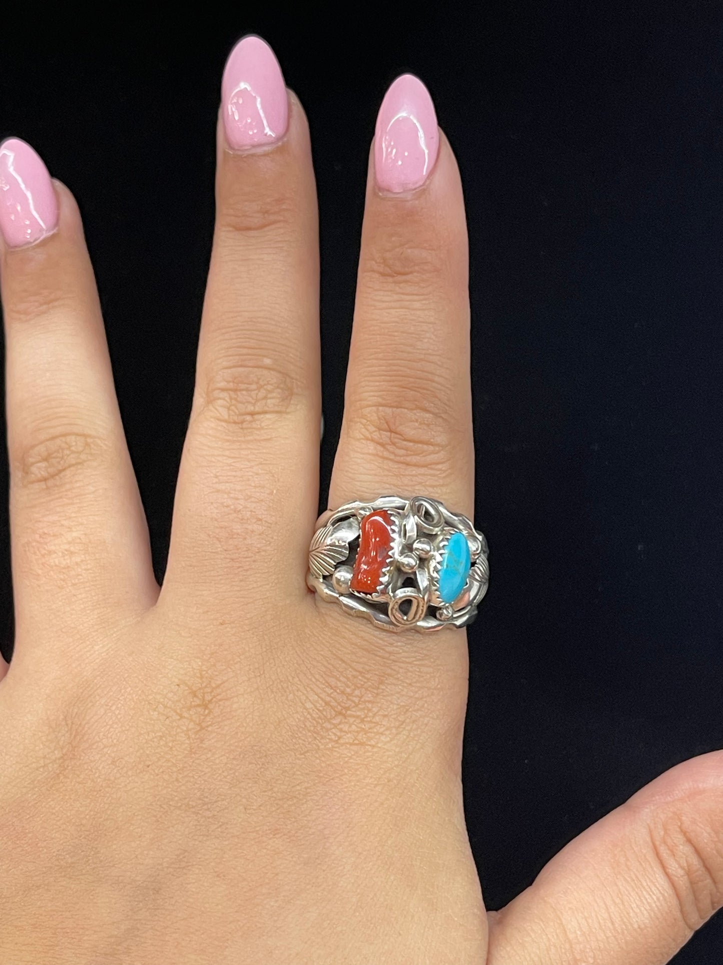 12.5 Sleeping Beauty Turquoise and Red Coral Ring by Max Calladitto, Navajo