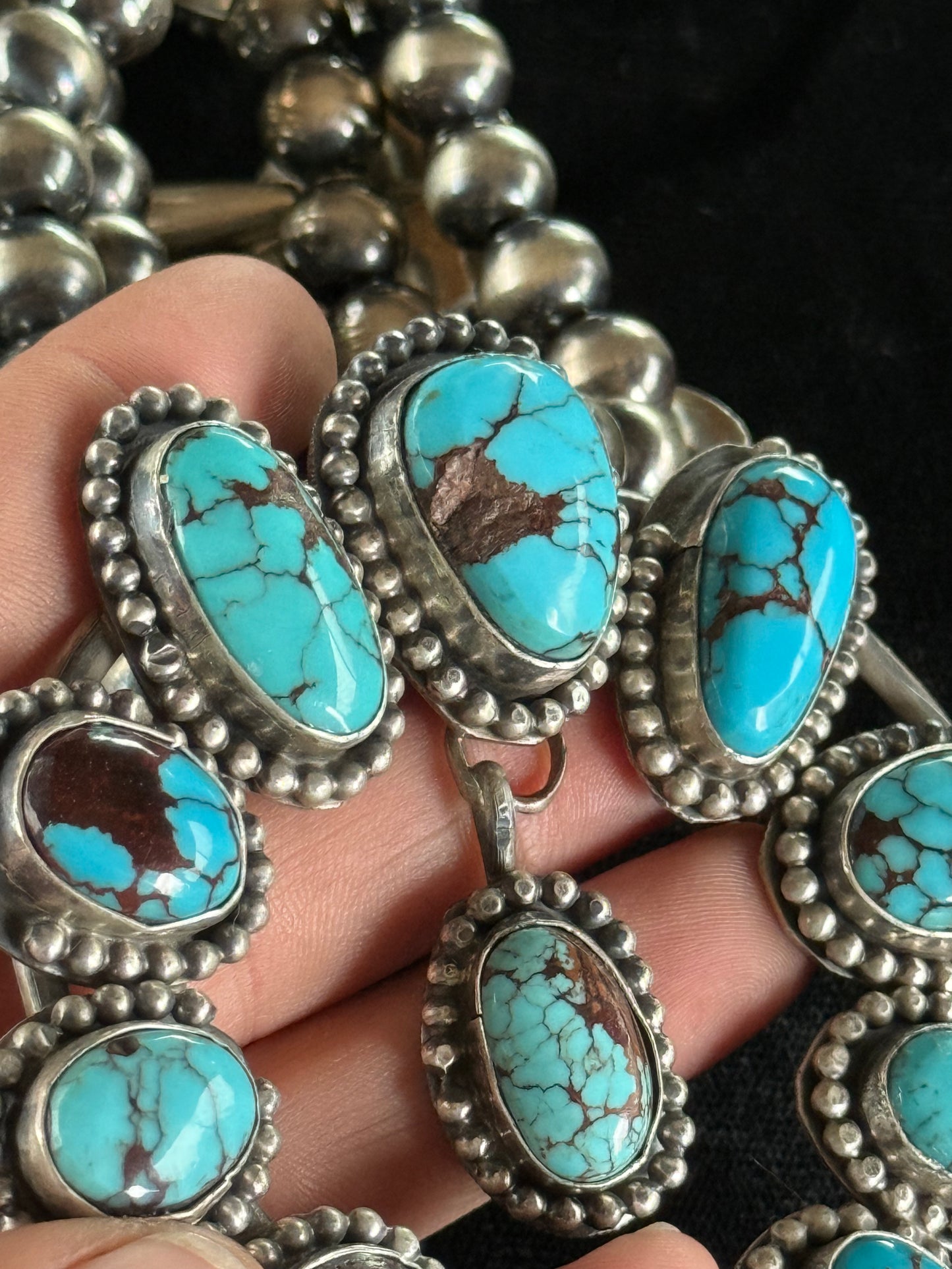 30" Egyptian Turquoise Squash Blossom by Gilbert Nez, Navajo