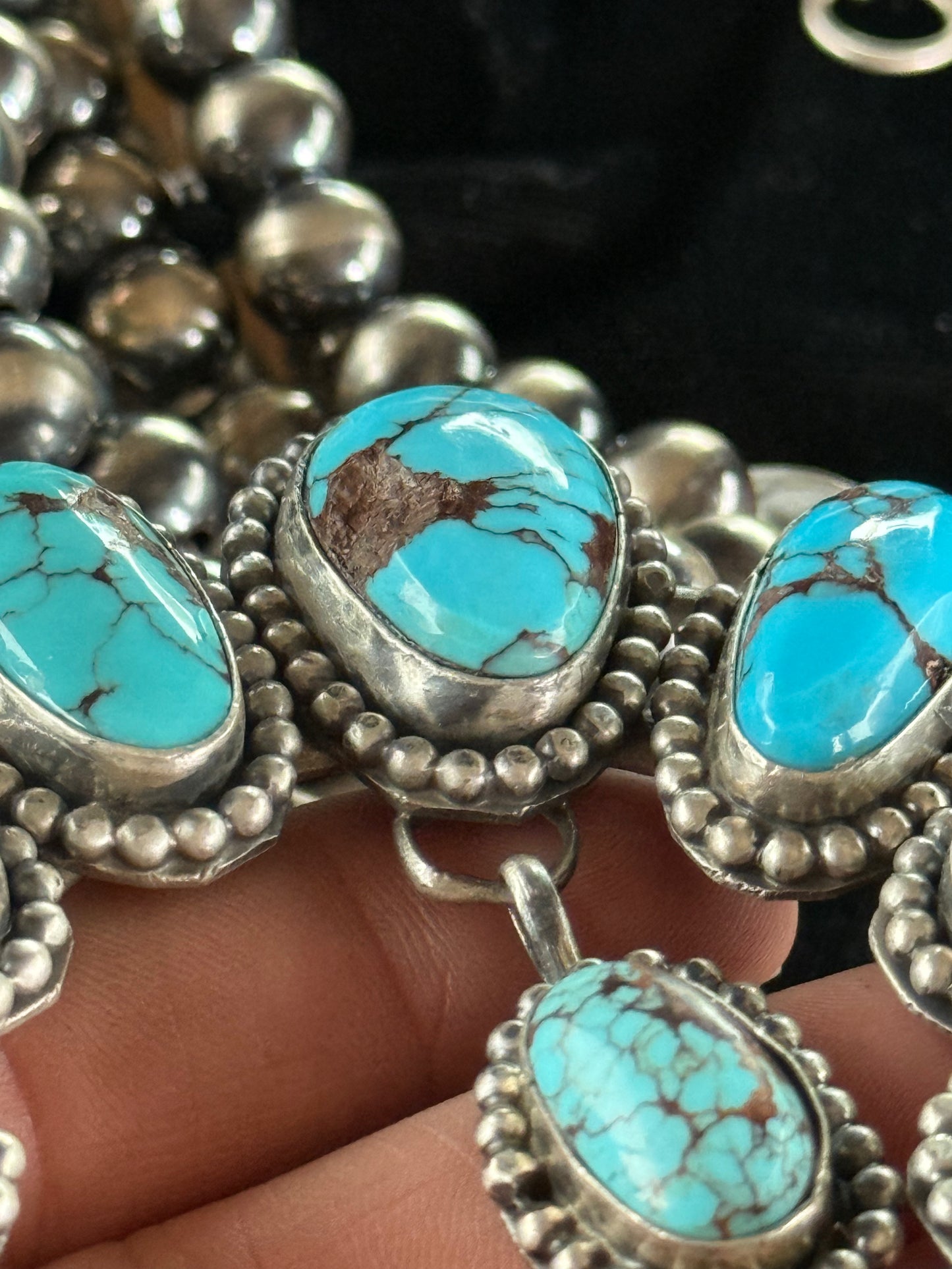 30" Egyptian Turquoise Squash Blossom by Gilbert Nez, Navajo