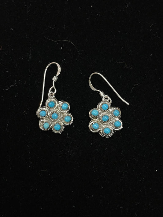 Flower Style Turquoise Dangle Earrings by Waylon Johnson, Zuni