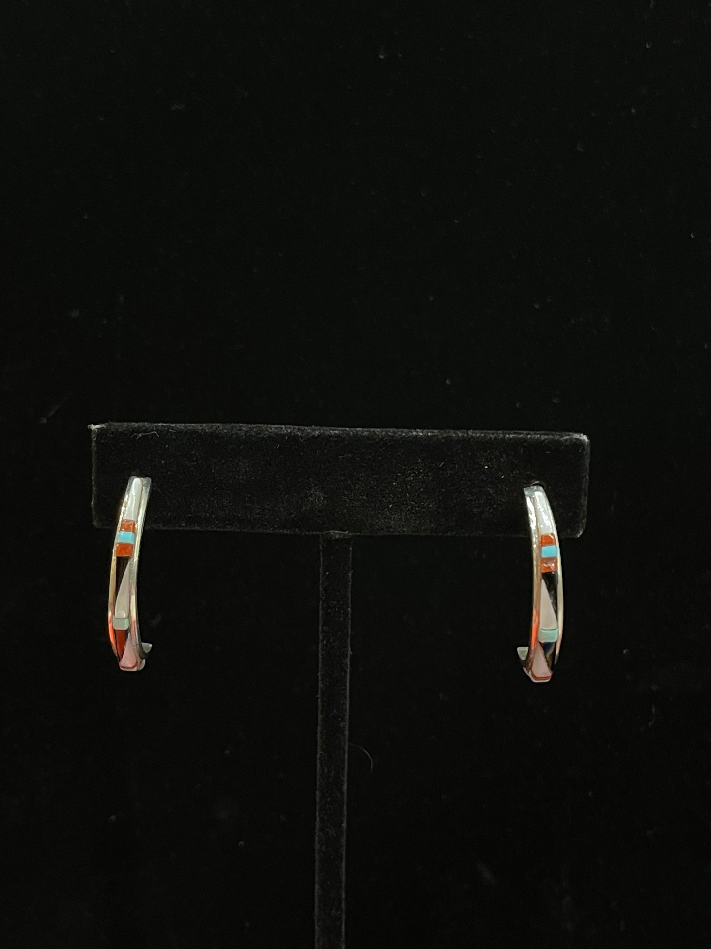 Multi Stone Inlay Post Half Hoop Earrings by Jeanette Chaves, Zuni