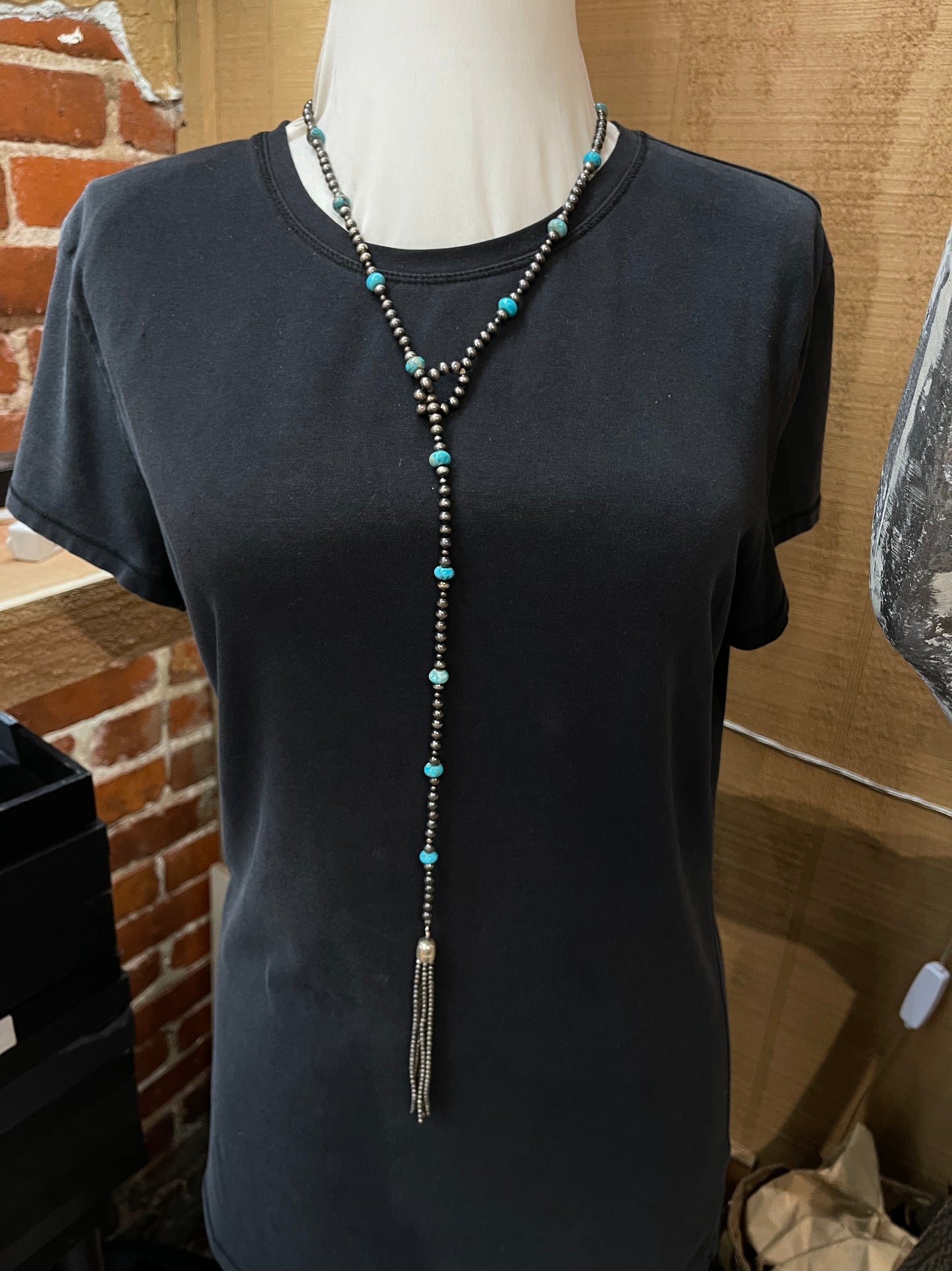 5mm 36” Navajo Pearls with Kingman Turquoise Lariat Necklace