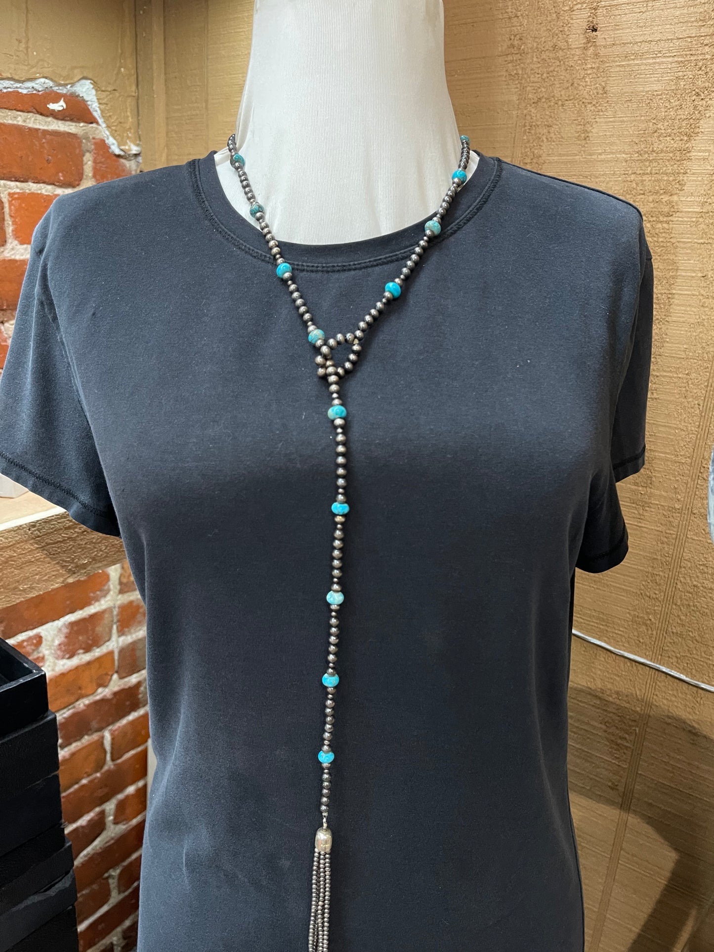 5mm 36” Navajo Pearls with Kingman Turquoise Lariat Necklace