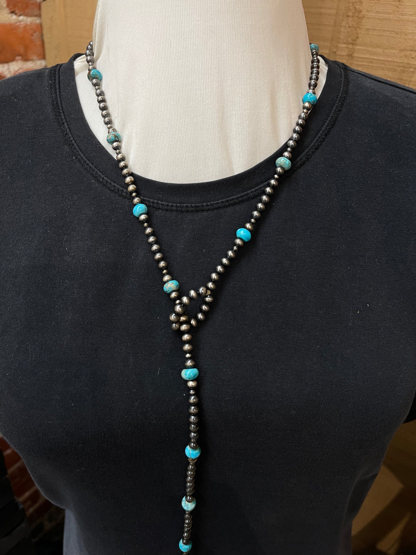 5mm 36” Navajo Pearls with Kingman Turquoise Lariat Necklace