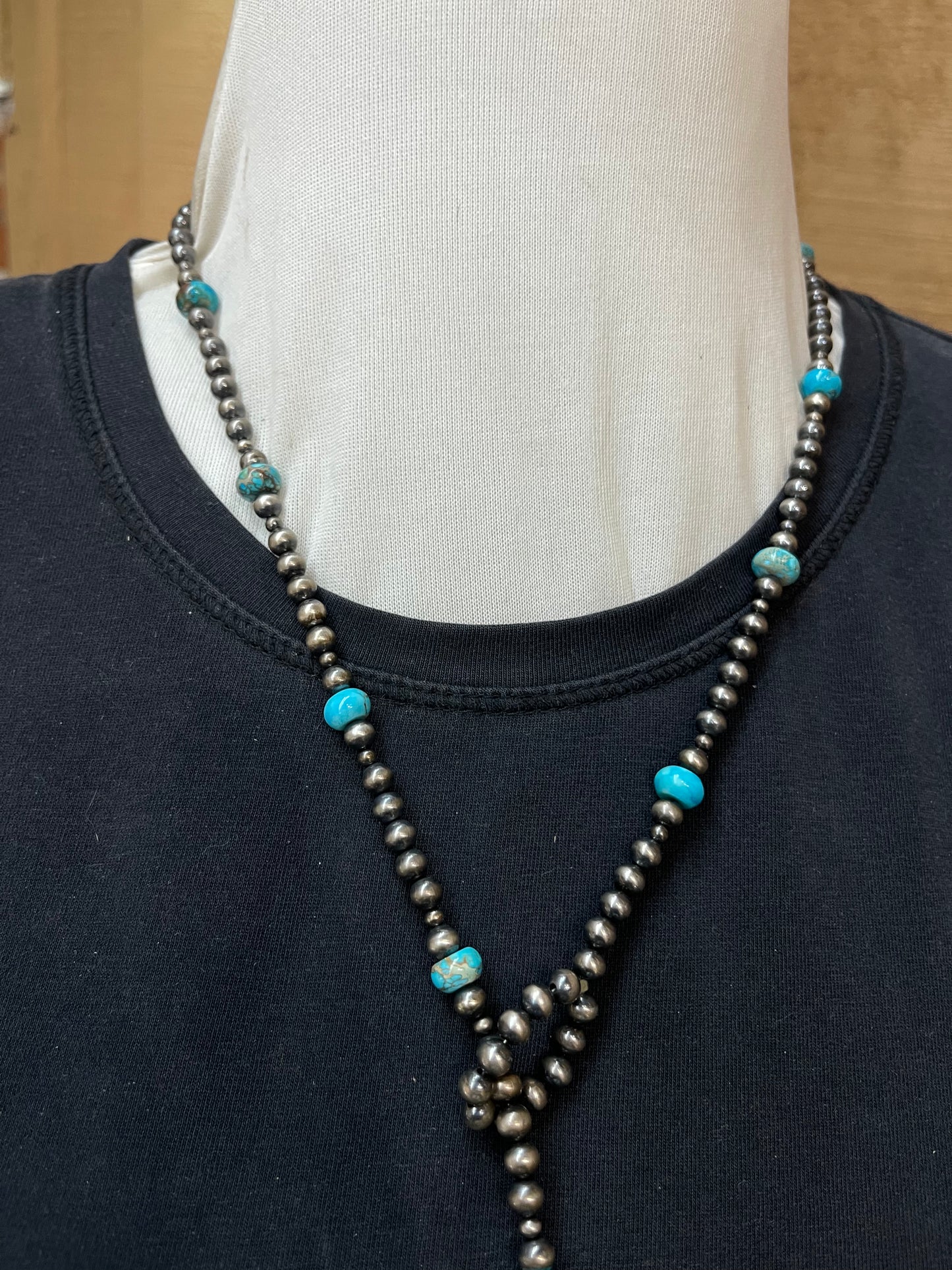 5mm 36” Navajo Pearls with Kingman Turquoise Lariat Necklace