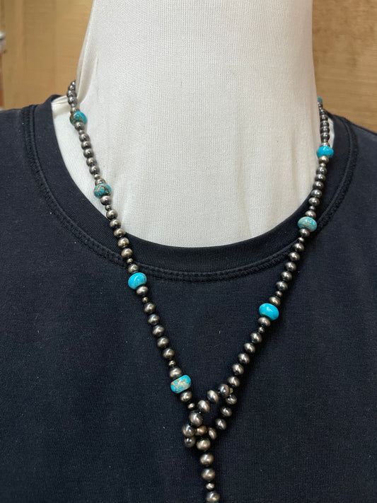 5mm 36” Navajo Pearls with Kingman Turquoise Lariat Necklace