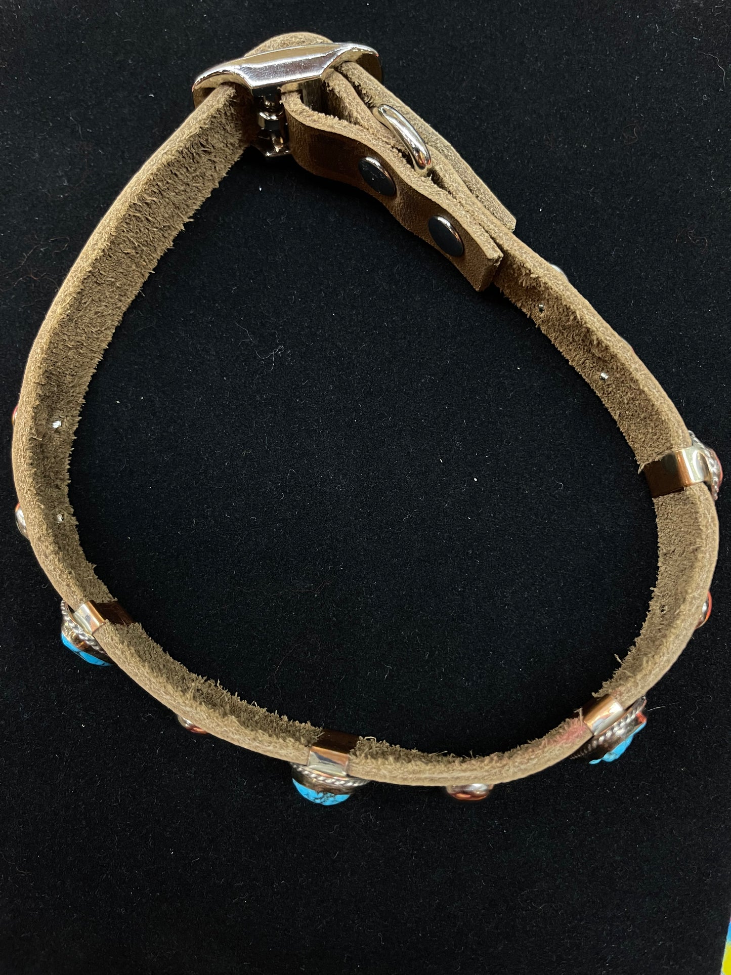16" Leather Dog Collar with Kingman Turquoise Stones by Julia Etsitty, Navajo