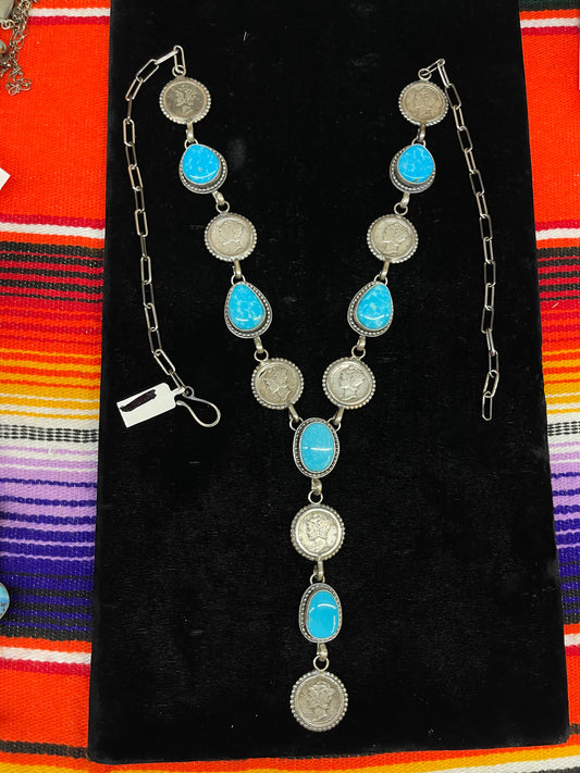 Lariat Style Silver Mercury Dimes White Water Drop Down Necklace