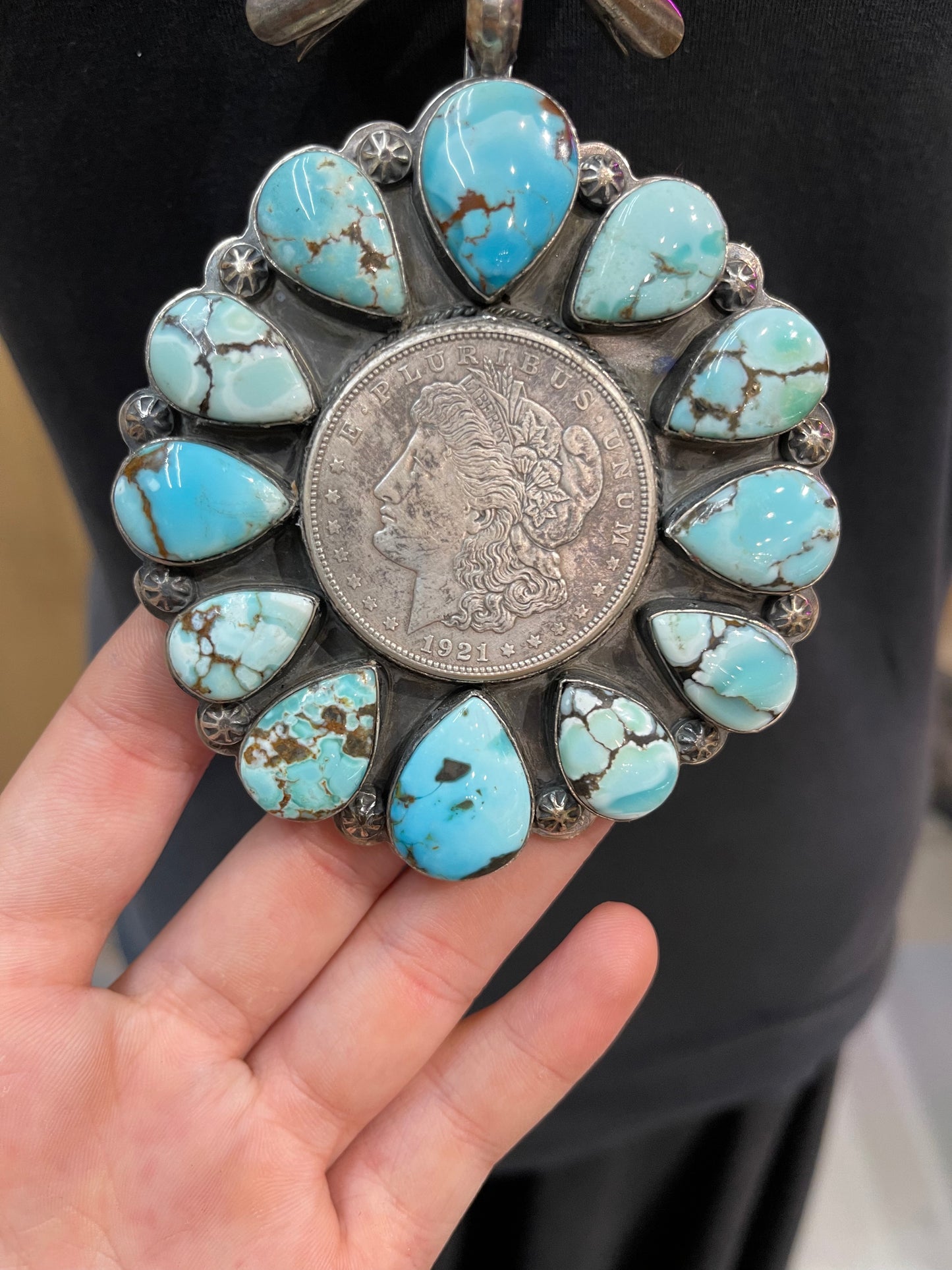 Silver Mercury Coin Turquoise Necklace