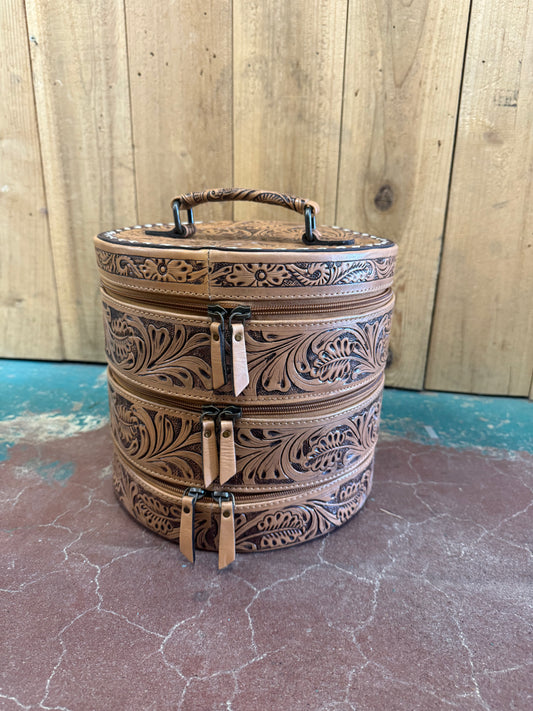 Triple Stack Tooled Leather Round Jewelry Box