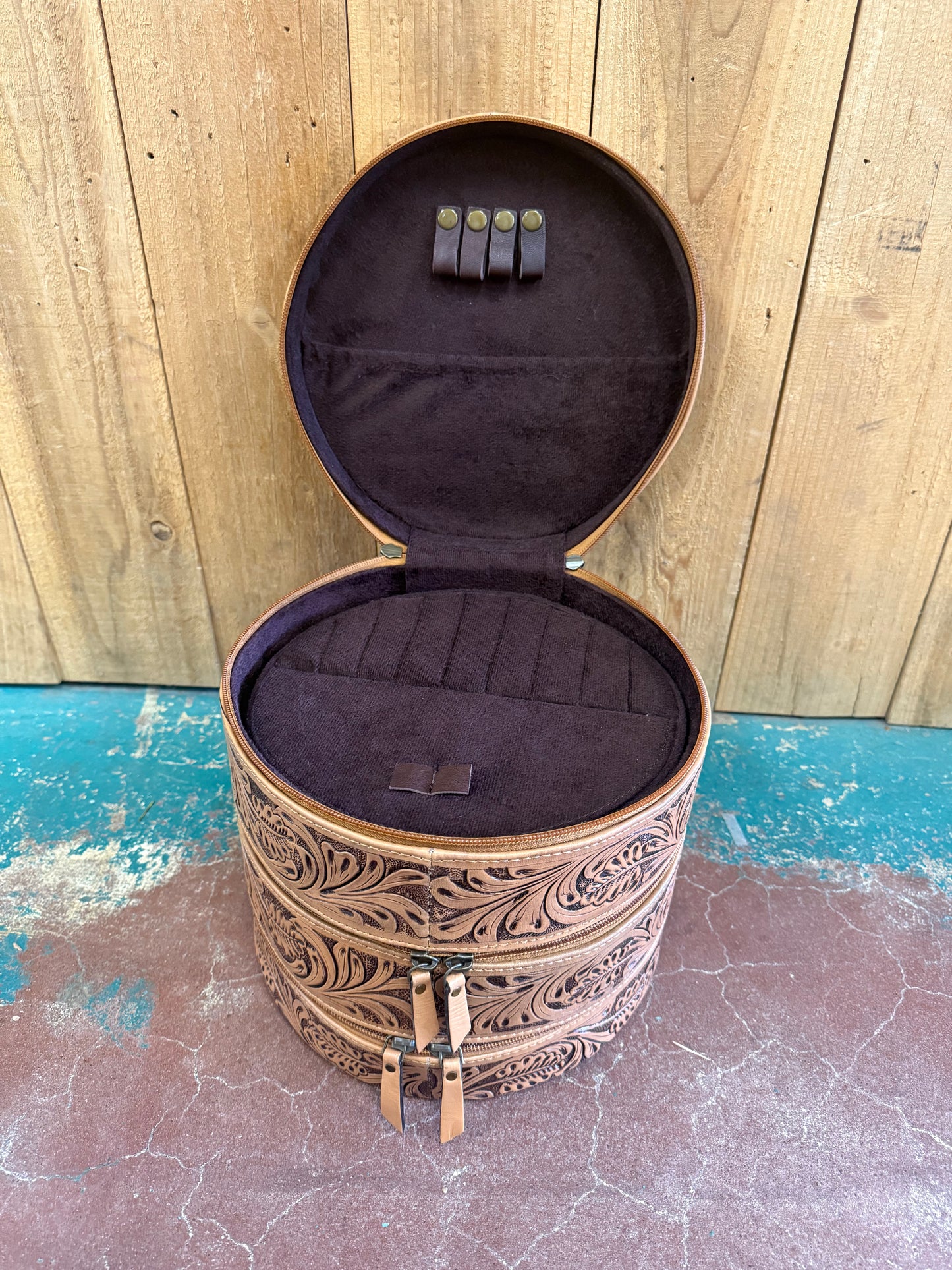 Triple Stack Tooled Leather Round Jewelry Box