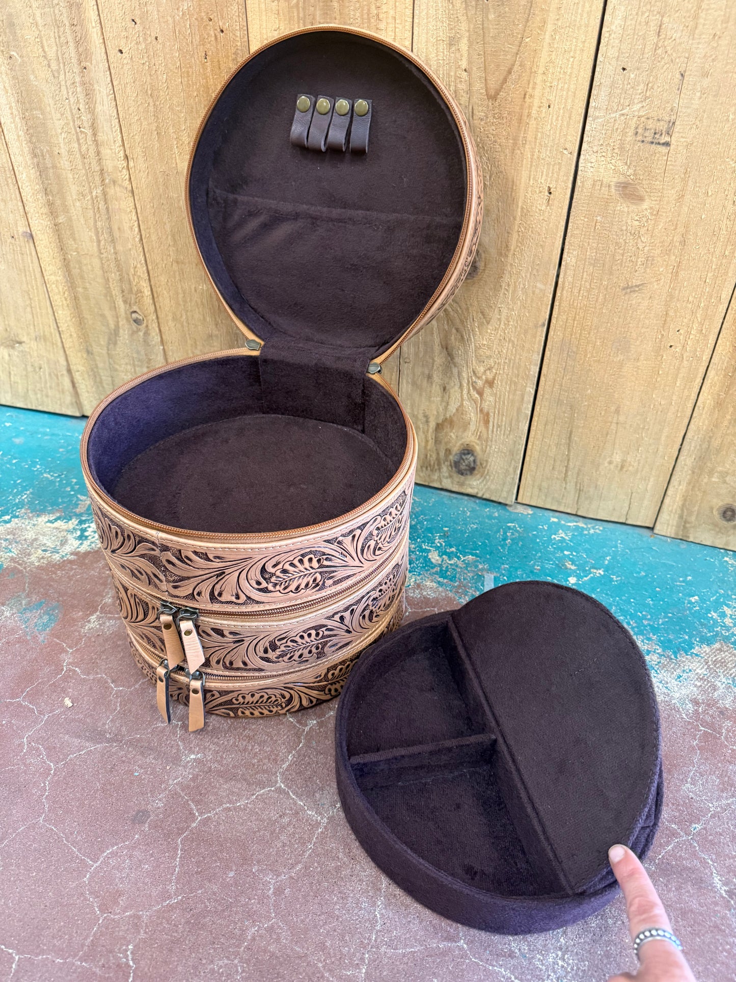 Triple Stack Tooled Leather Round Jewelry Box