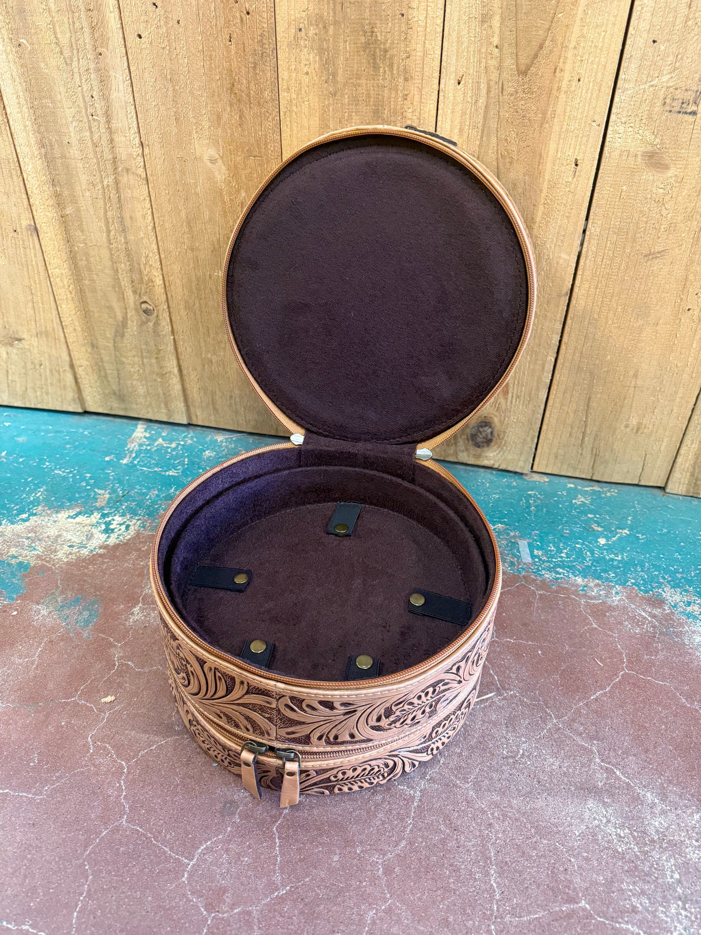 Triple Stack Tooled Leather Round Jewelry Box