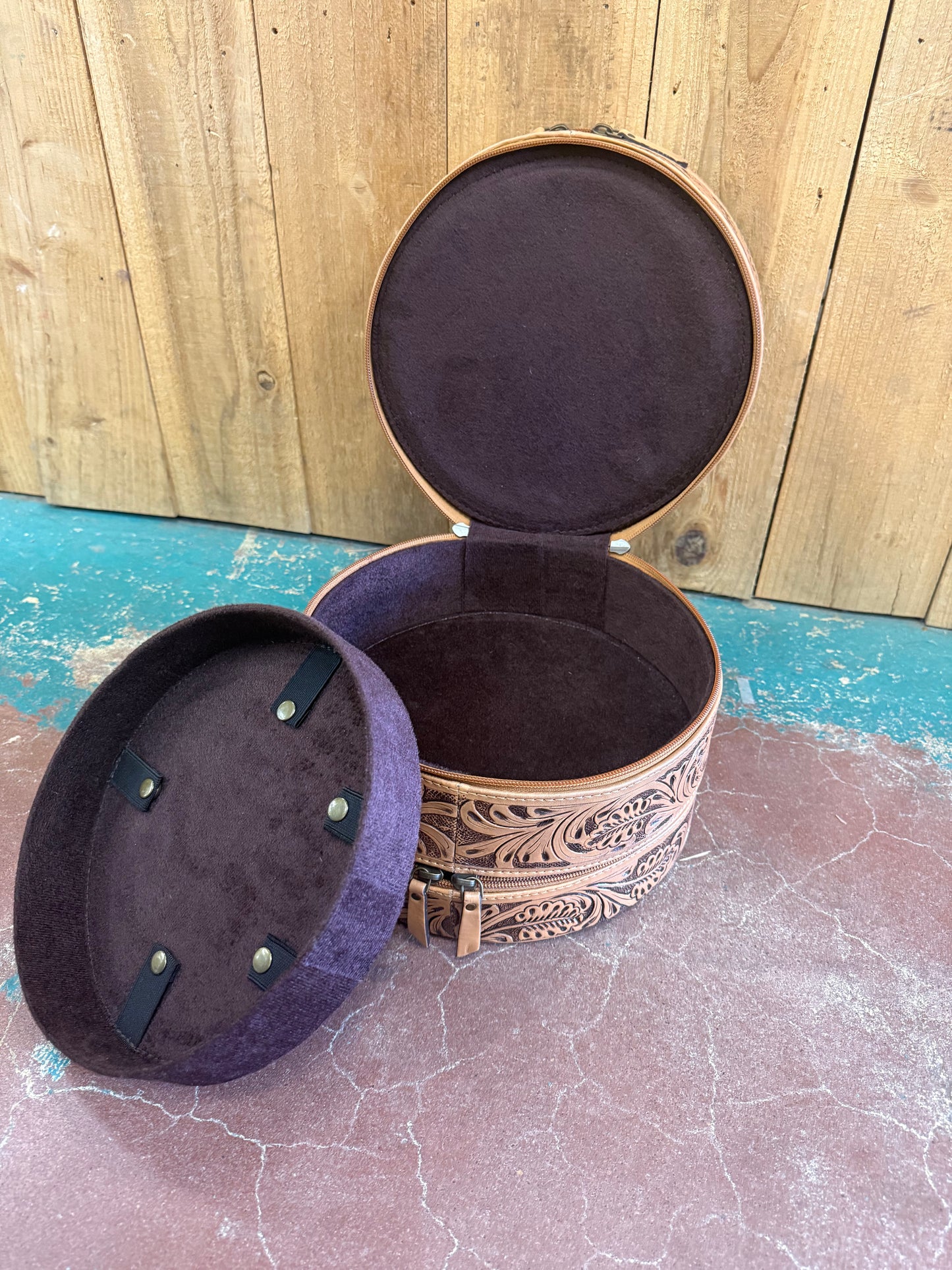 Triple Stack Tooled Leather Round Jewelry Box