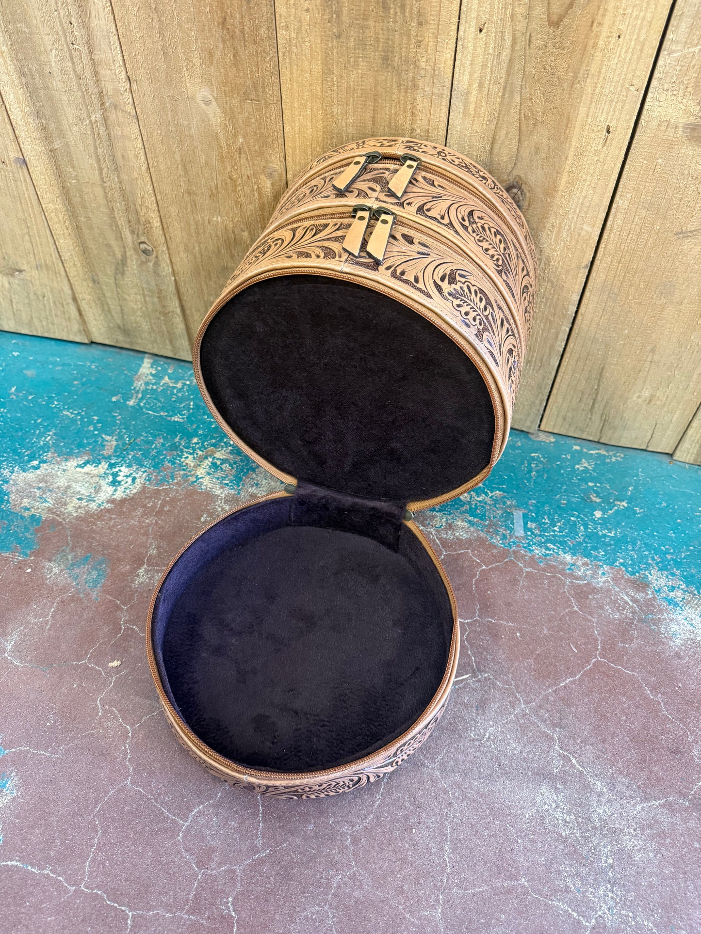 Triple Stack Tooled Leather Round Jewelry Box