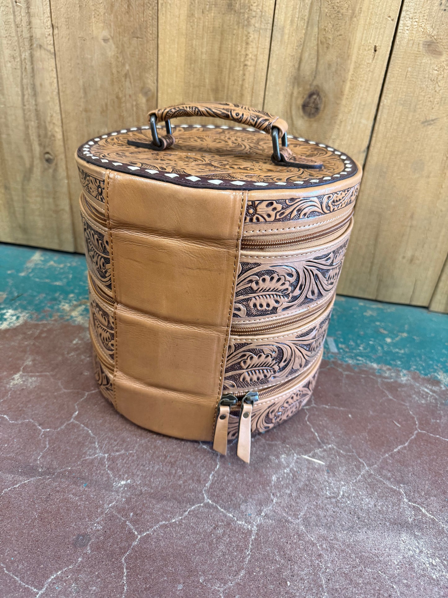 Triple Stack Tooled Leather Round Jewelry Box