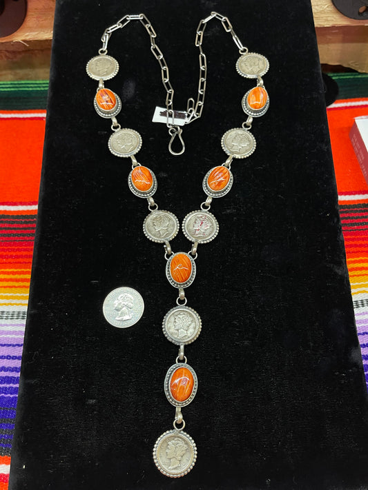 Spiny Oyster and Silver Dimes Necklace