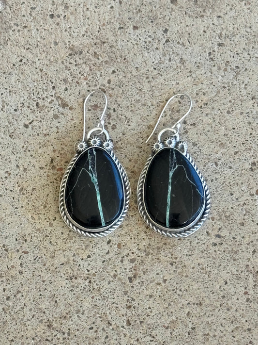 Black Buffalo Turquoise Hook Earrings by Boyd J. Ashley, Navajo