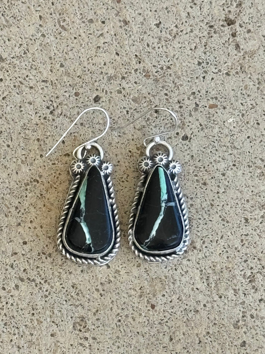 Black Buffalo Turquoise Hook Earrings by Boyd J. Ashley, Navajo