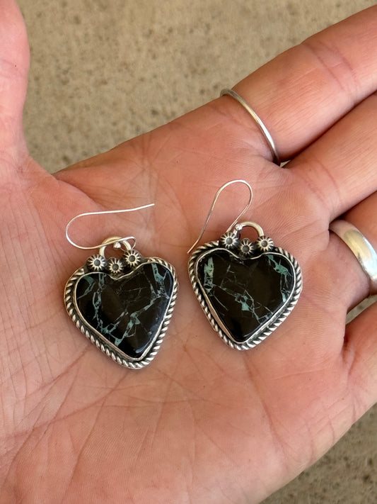 Black Buffalo Turquoise Hook Earrings by Boyd J. Ashley, Navajo