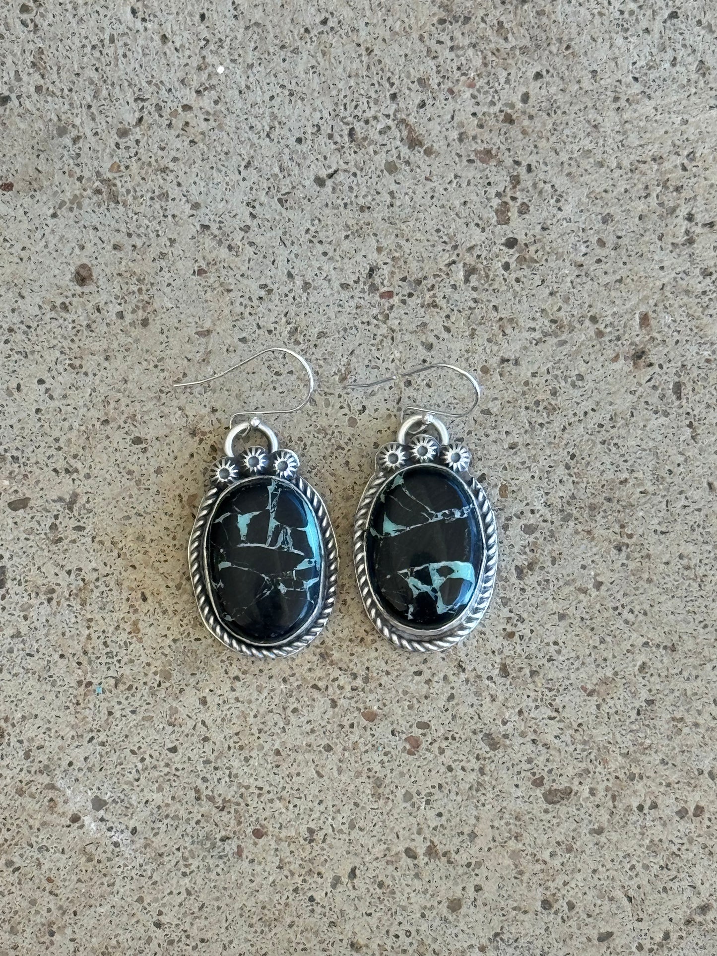 Black Buffalo Turquoise Hook Earrings by Boyd J. Ashley, Navajo