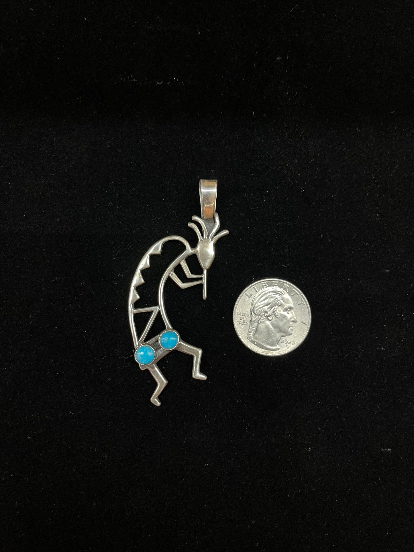 Sterling Silver Kokopelli with Sleeping Beauty Turquoise Pendant by B.W., Navajo