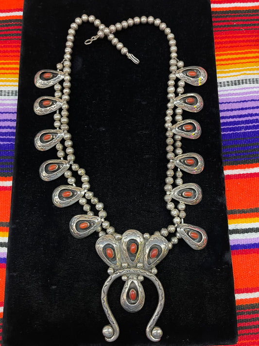 Vintage Coral Squash Blossom Necklace