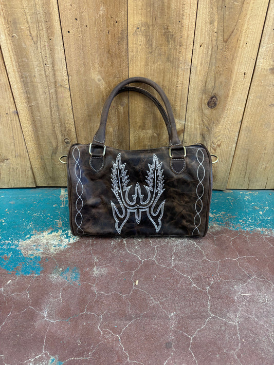 Brown Leather Boot Stitched Speedy Bag Purse