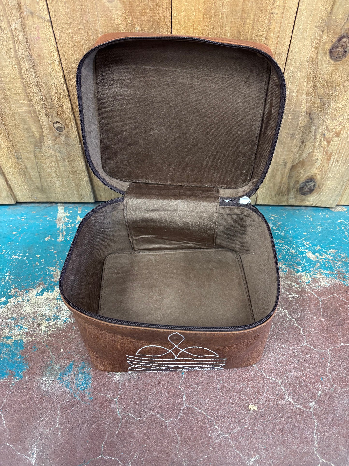 Brown Leather Boot Stitched Make Up Bag