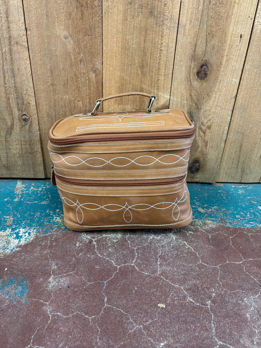 Double Stacked Tan Leather Boot Stitched Make Up Bag