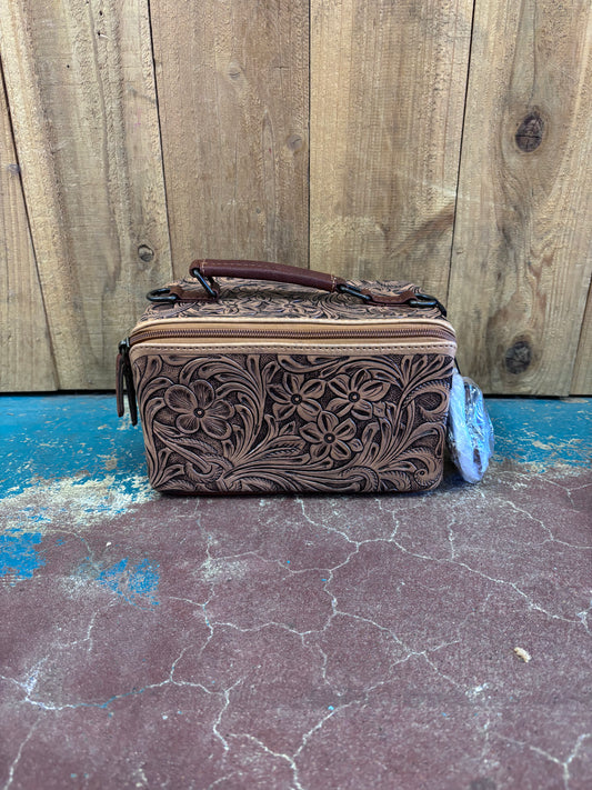 Rectangular Tan Leather Tooled Make Up Bag/Travel Case